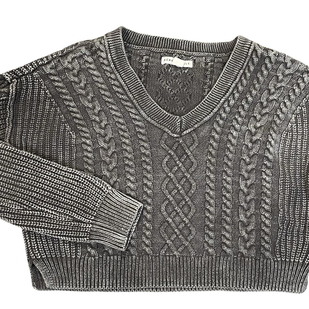 Aeropostale Y2K Cable Knit Chunky Sweater Fisherman Cropped V Neck Womens Small